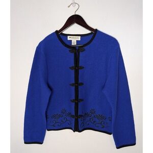 VTG Appleseeds Sz M Navy/Black Boiled Wool Embroidered Toggle Cardigan Sweater